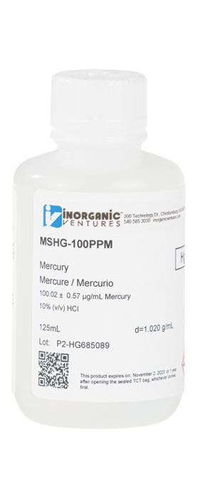 Imagem do Produto Padrão MRC de mercúrio para ICP - Matriz: Ácido Clorídrico - 125 ml - INORGANIC VENTURES - MSHG-100PPM-125ML